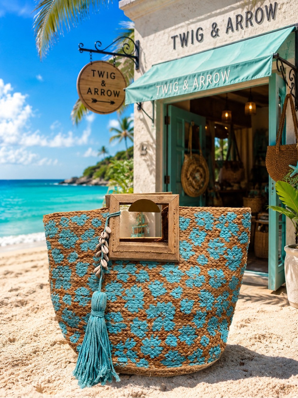 Twig & Arrow Turquoise Floral Jute Tote Wood Handles Shell Tassel Boho Beach Bag